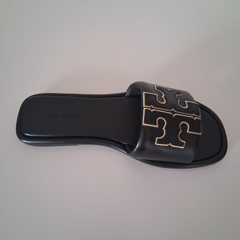 Tory Burch Double T Sport Slide Sandals Size 5.5 Perfect Black /Gold - Picture 7 of 9